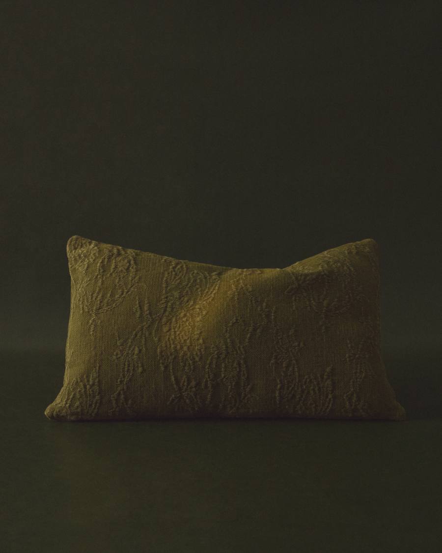 Housse de coussin Velina en jacquard de lin lavé fleuri vert 30 x 50 cm