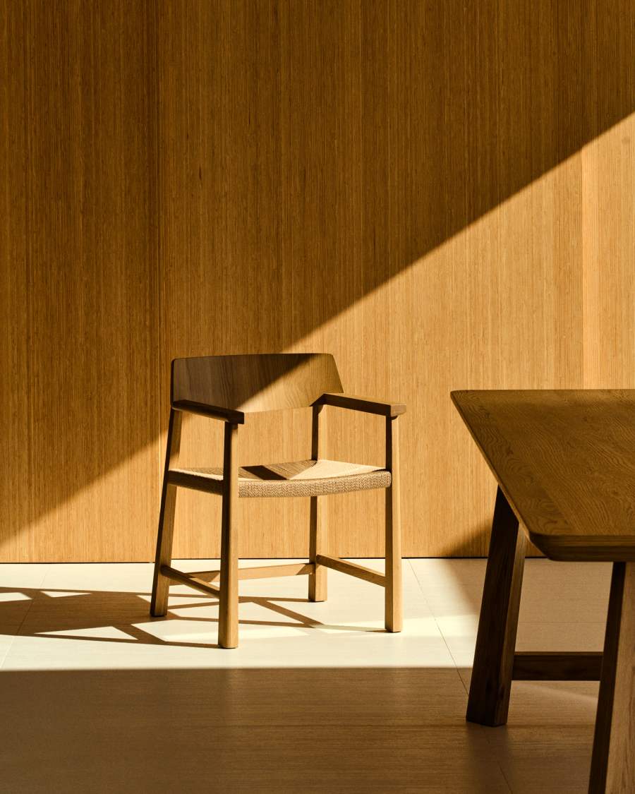 Idun chair made of FSC Mix Credit solid oak wood with natural tone finish and rope cord seat