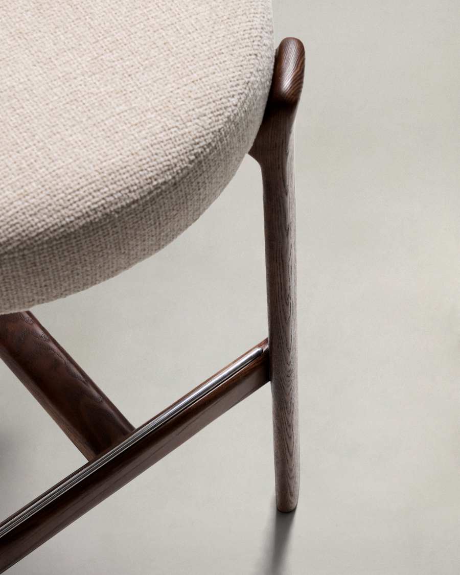 Granite stool in beige chenille and solid ash wood with walnut-coloured finish FSC 100% 75cm