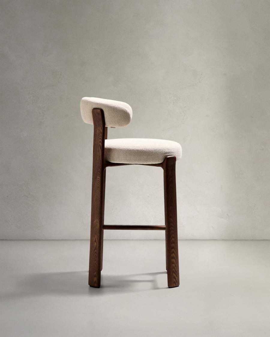 Granite stool in beige chenille and solid ash wood with walnut-coloured finish FSC 100% 75cm