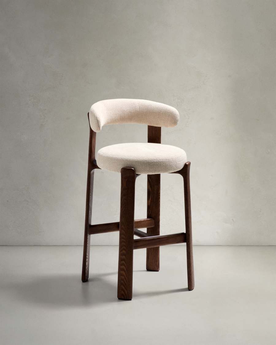 Granite stool in beige chenille and solid ash wood with walnut-coloured finish FSC 100% 75cm