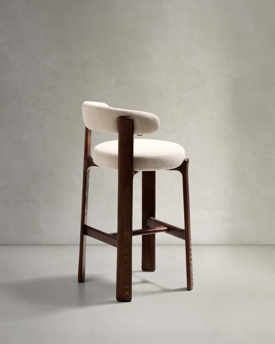 Granite stool in beige chenille and solid ash wood with walnut-coloured finish FSC 100% 75cm