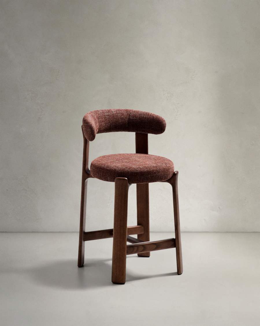 Granite stool in brown chenille and solid ash wood with walnut-coloured finish FSC 100% 65cm