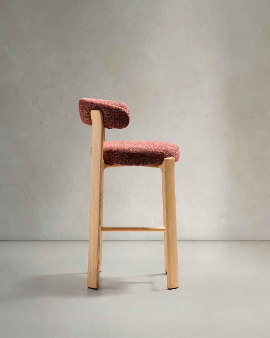 Granite stool in terracotta chenille and solid ash wood with natural tone finish FSC 100% 75cm