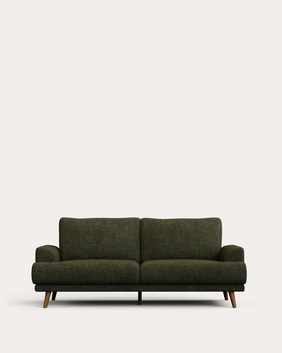 Karin 2-seater sofa green with solid beech wood legs with walnut-effect finish, 210 cm