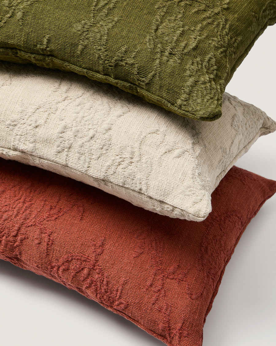 Kissenhülle Velina aus gewaschenem Leinenjacquard mit Blumenmotiv in Beige 30 x 50 cm