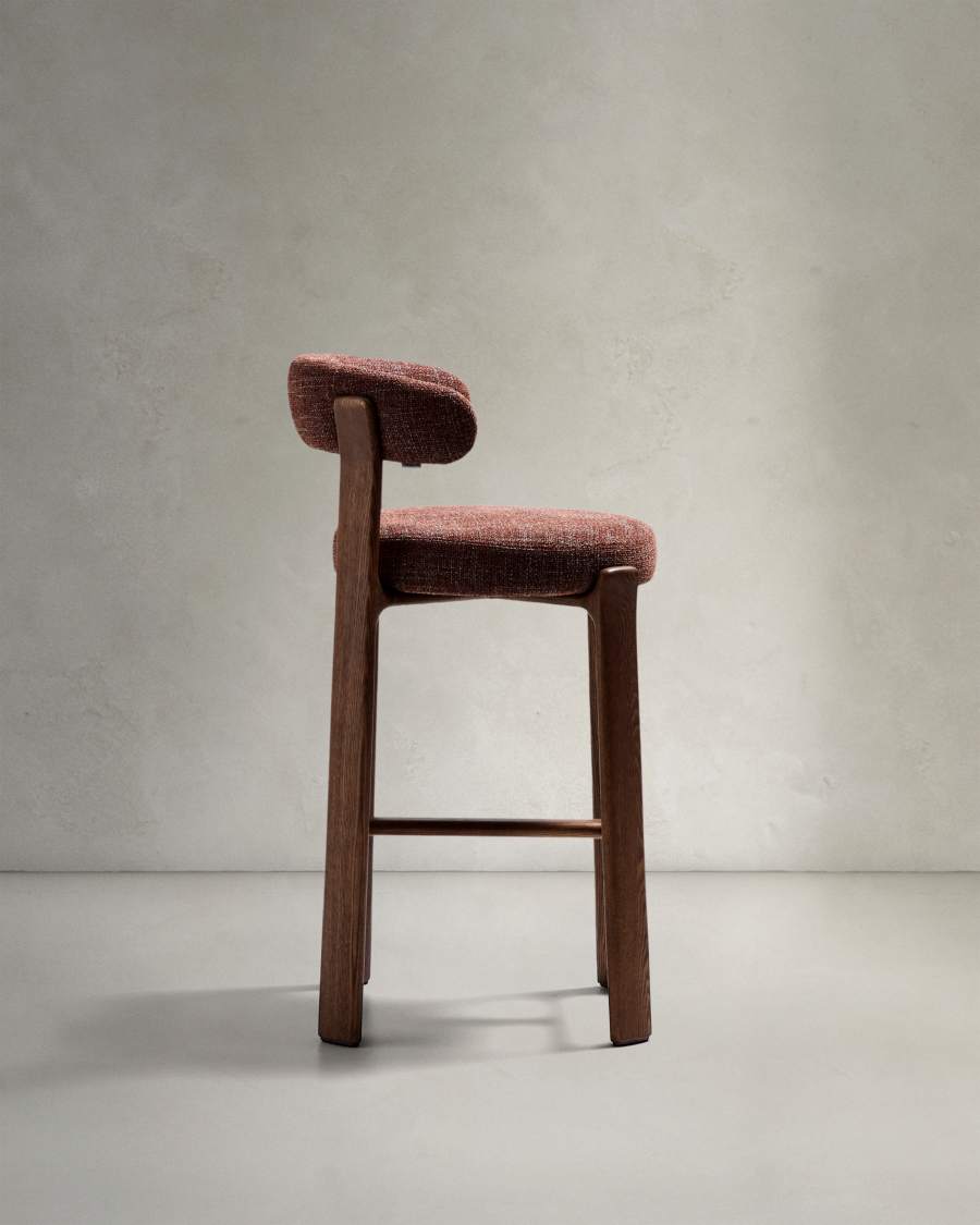 Granite fire-retardant stool with backrest in brown chenille and solid ash wood with walnut-coloured finish FSC 100% 75cm