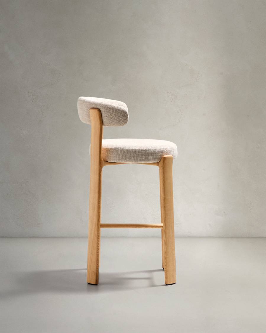 Granite fire-retardant stool with backrest in beige chenille and solid ash wood with natural-coloured finish FSC 100% 75cm