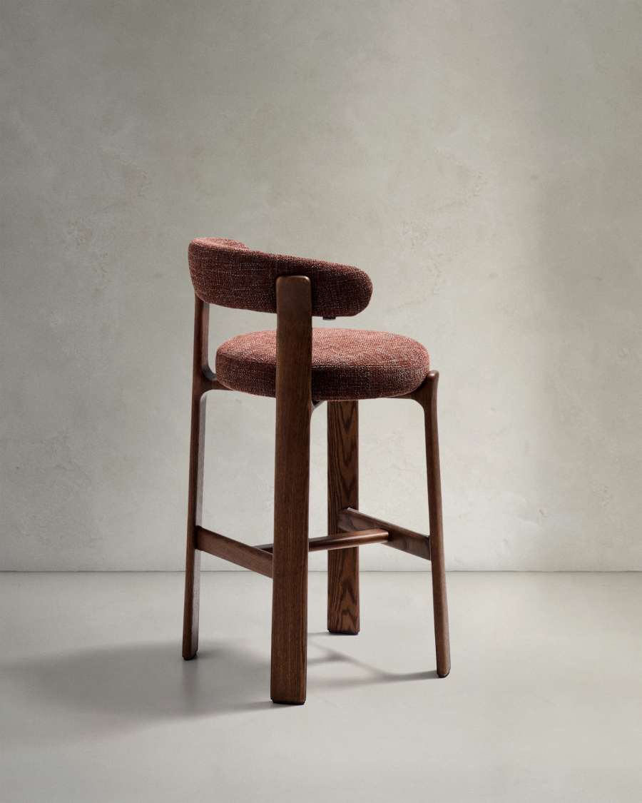 Granite fire-retardant stool with backrest in brown chenille and solid ash wood with walnut-coloured finish FSC 100% 75cm