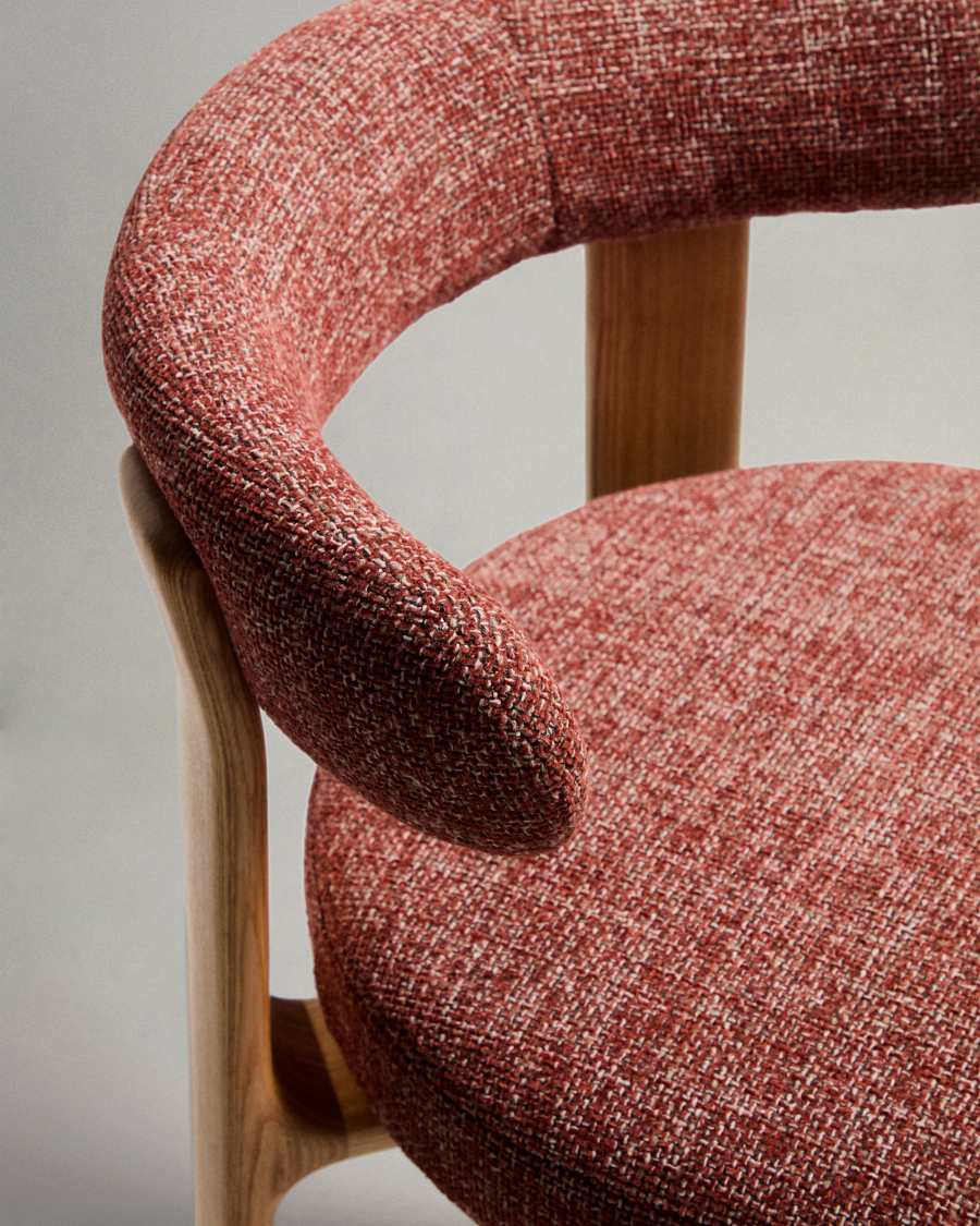 Granite fire-retardant stool with backrest in terracotta chenille and solid ash wood with natural-coloured finish FSC 100% 75cm