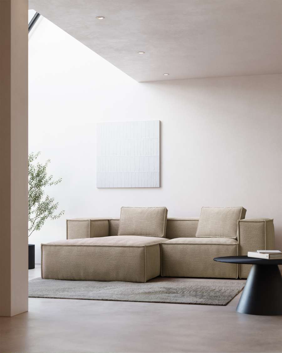 Blok fire-retardant 2-seater sofa with left chaise longue in thick ecru corduroy 240cm FSC Mix Credit