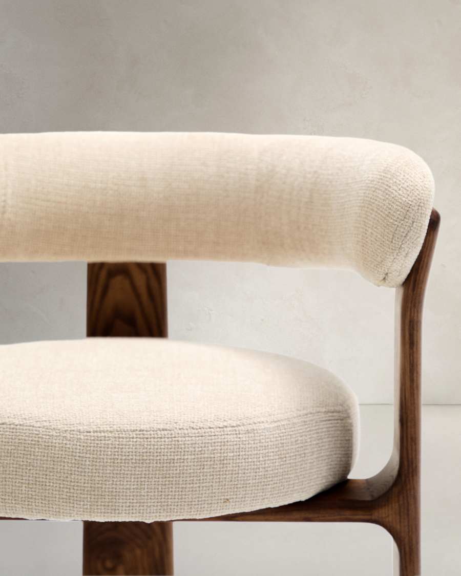 Granite fire-retardant chair (3 legs) in beige chenille and solid ash wood with walnut-coloured finish FSC 100%