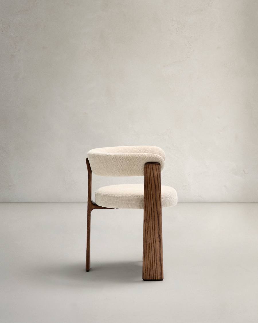 Granite fire-retardant chair (3 legs) in beige chenille and solid ash wood with walnut-coloured finish FSC 100%