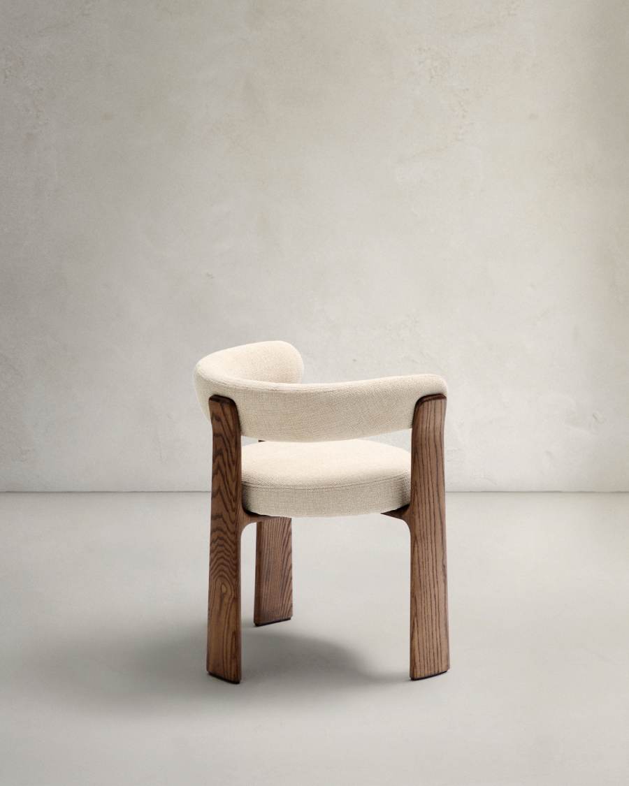 Granite fire-retardant chair (3 legs) in beige chenille and solid ash wood with walnut-coloured finish FSC 100%