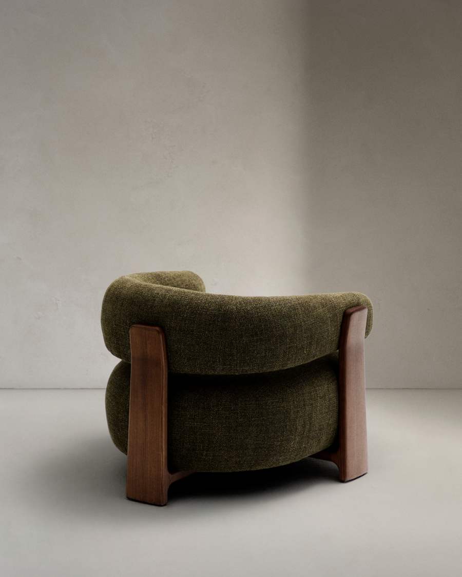 Granite fire-retardant armchair in green chenille and solid ash wood with walnut-coloured finish FSC 100%