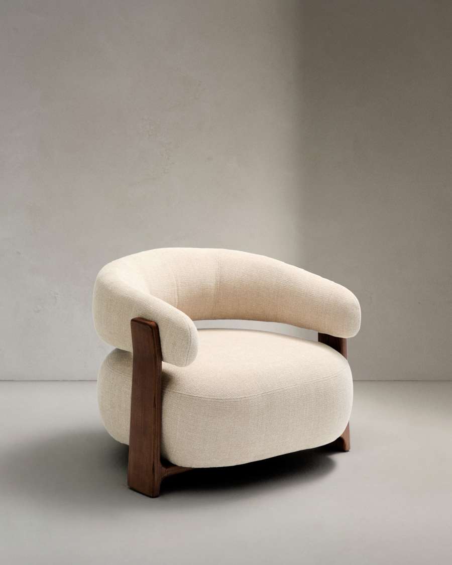 Granite fire-retardant armchair in beige chenille and solid ash wood with walnut-coloured finish FSC 100%