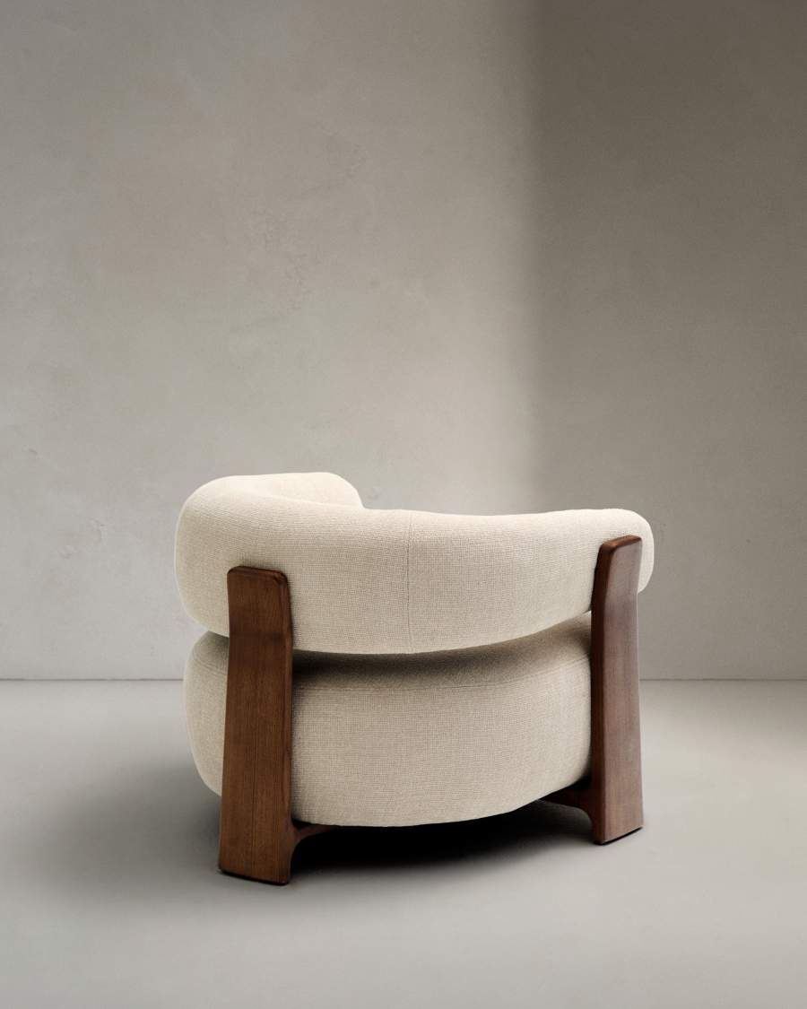 Granite fire-retardant armchair in beige chenille and solid ash wood with walnut-coloured finish FSC 100%