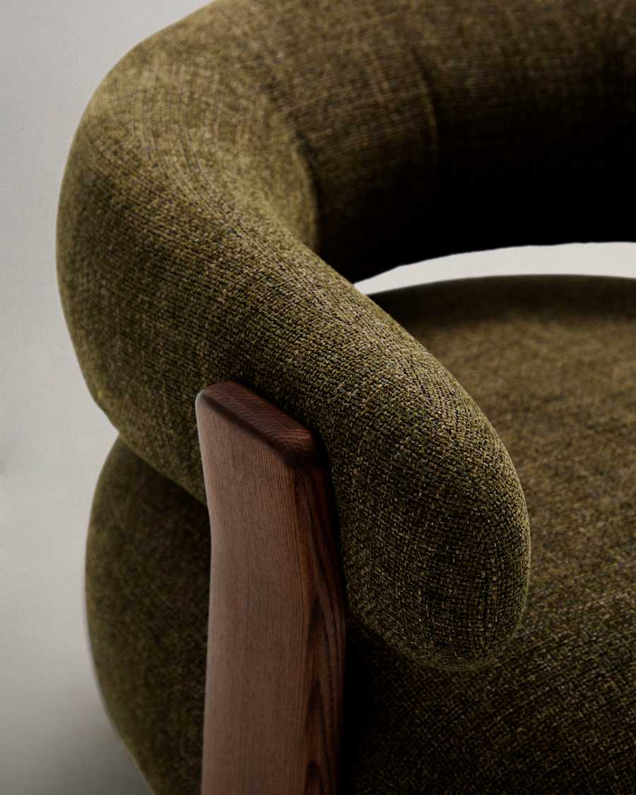 Granite fire-retardant armchair in green chenille and solid ash wood with walnut-coloured finish FSC 100%