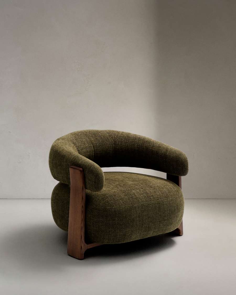 Granite fire-retardant armchair in green chenille and solid ash wood with walnut-coloured finish FSC 100%