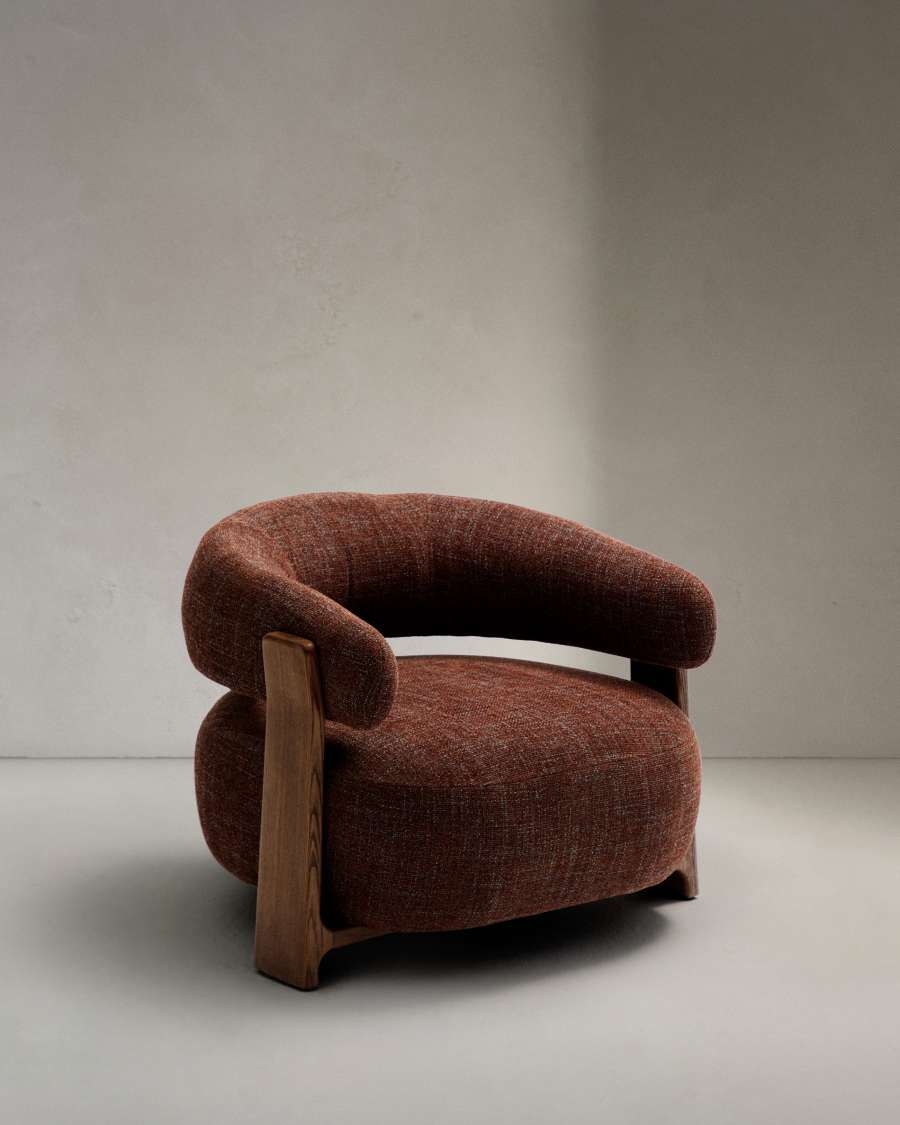 Granite fire-retardant armchair in brown chenille and solid ash wood with walnut-coloured finish FSC 100%