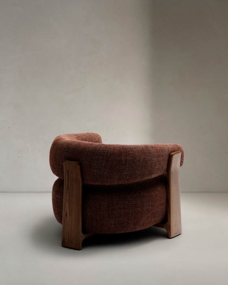 Granite fire-retardant armchair in brown chenille and solid ash wood with walnut-coloured finish FSC 100%