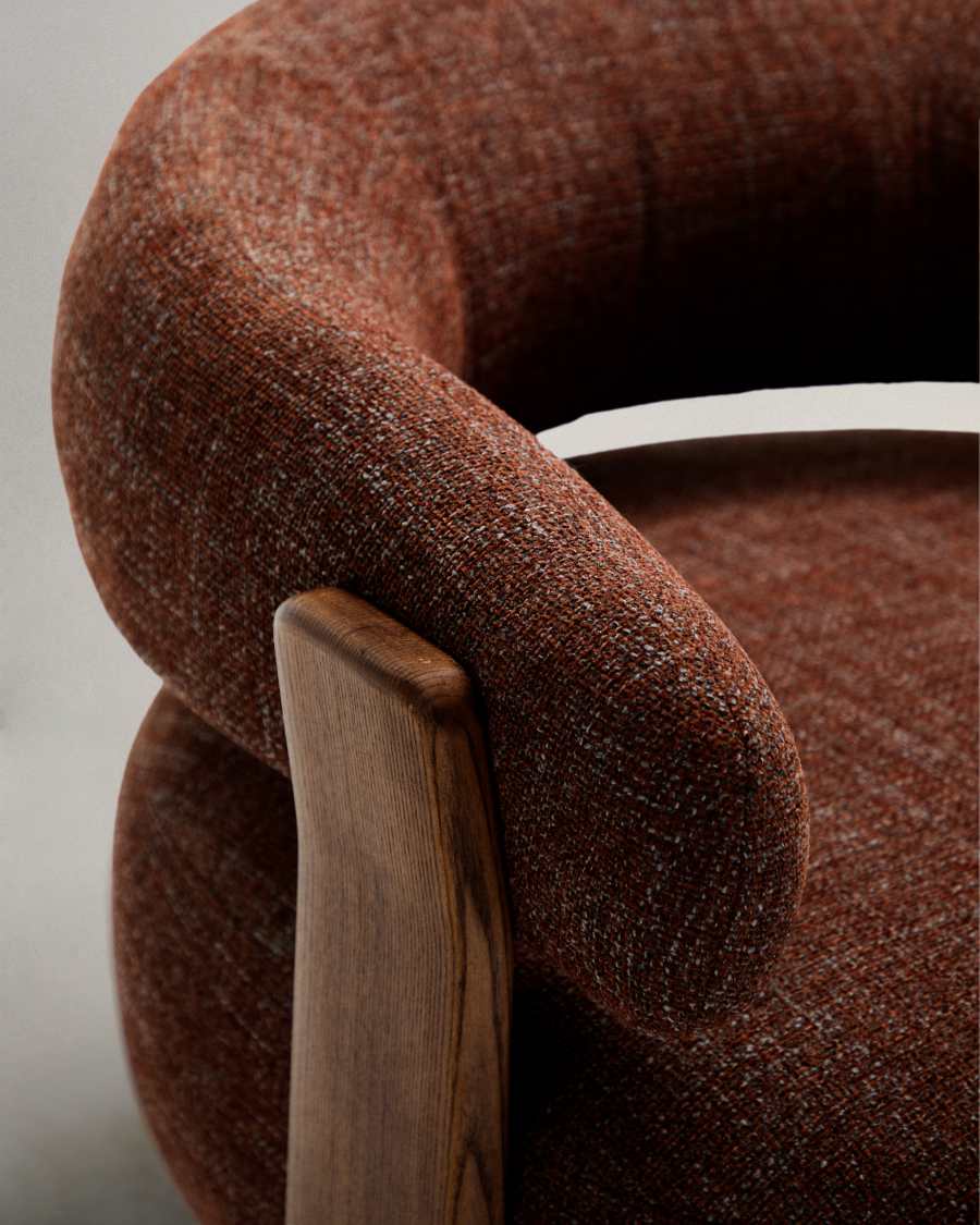 Granite fire-retardant armchair in brown chenille and solid ash wood with walnut-coloured finish FSC 100%