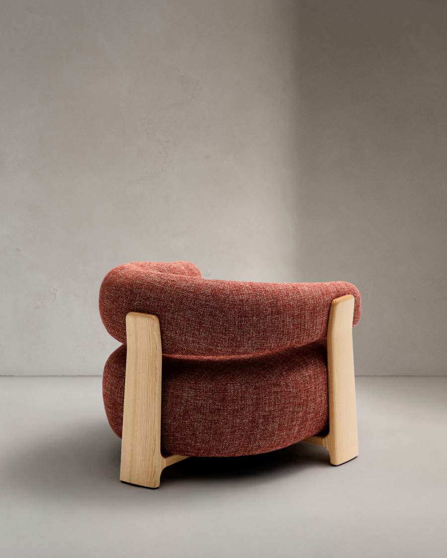 Granite fire-retardant armchair in terracotta chenille and solid ash wood with natural-coloured finish FSC 100%