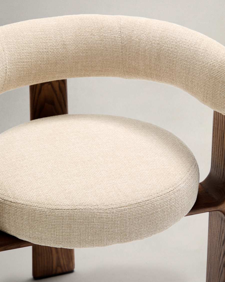 Granite fire-retardant chair (3 legs) in beige chenille and solid ash wood with walnut-coloured finish FSC 100%