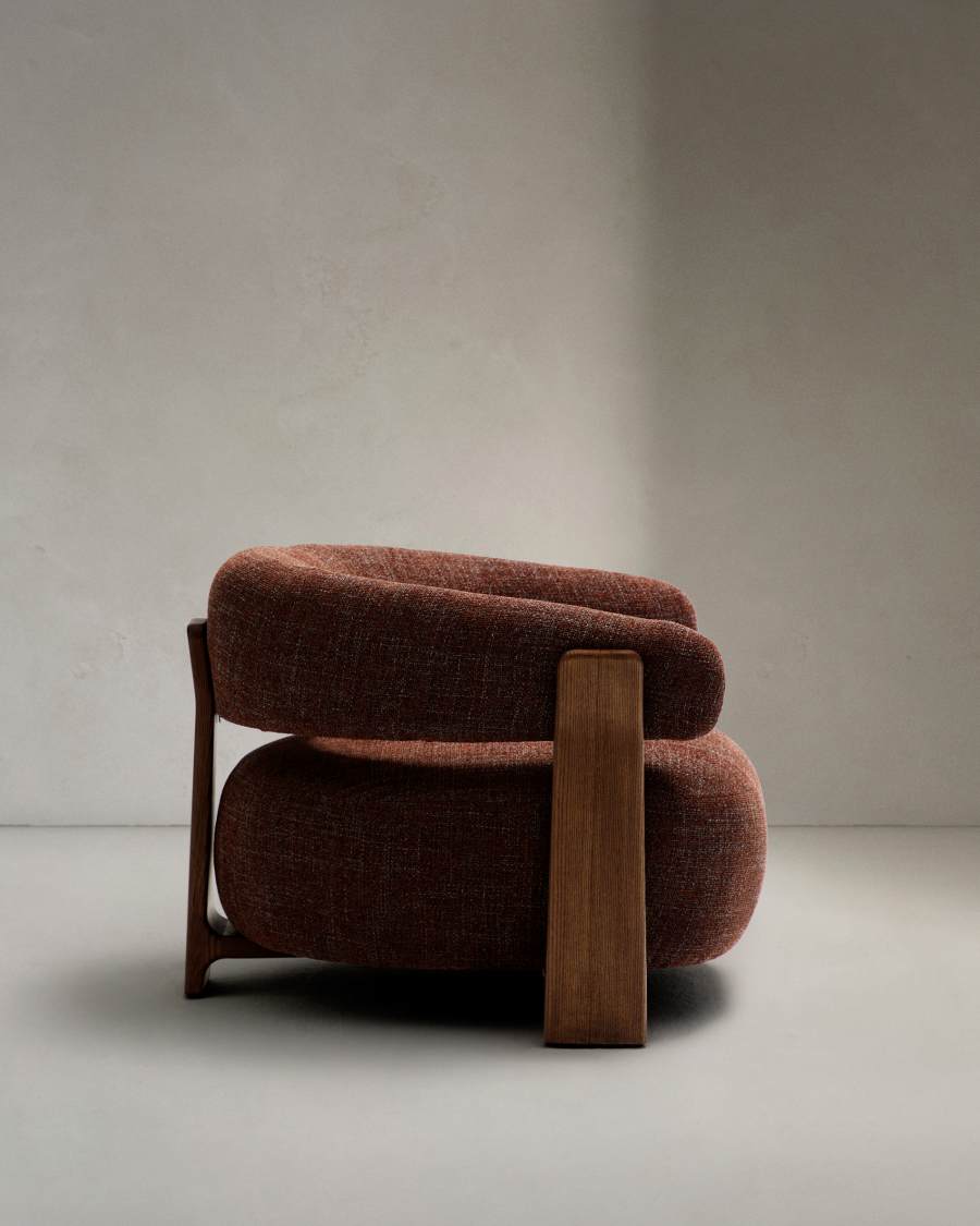 Granite fire-retardant armchair in brown chenille and solid ash wood with walnut-coloured finish FSC 100%