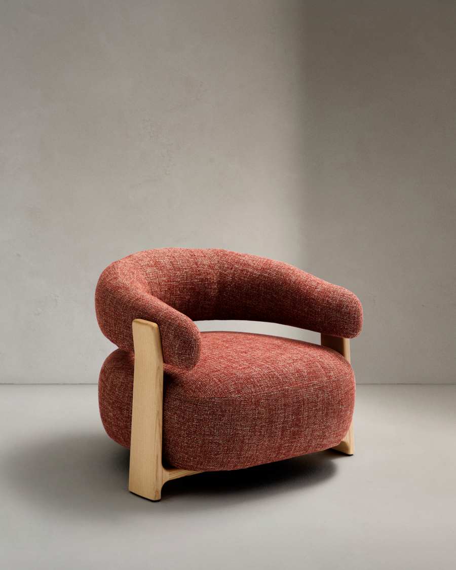 Granite fire-retardant armchair in terracotta chenille and solid ash wood with natural-coloured finish FSC 100%