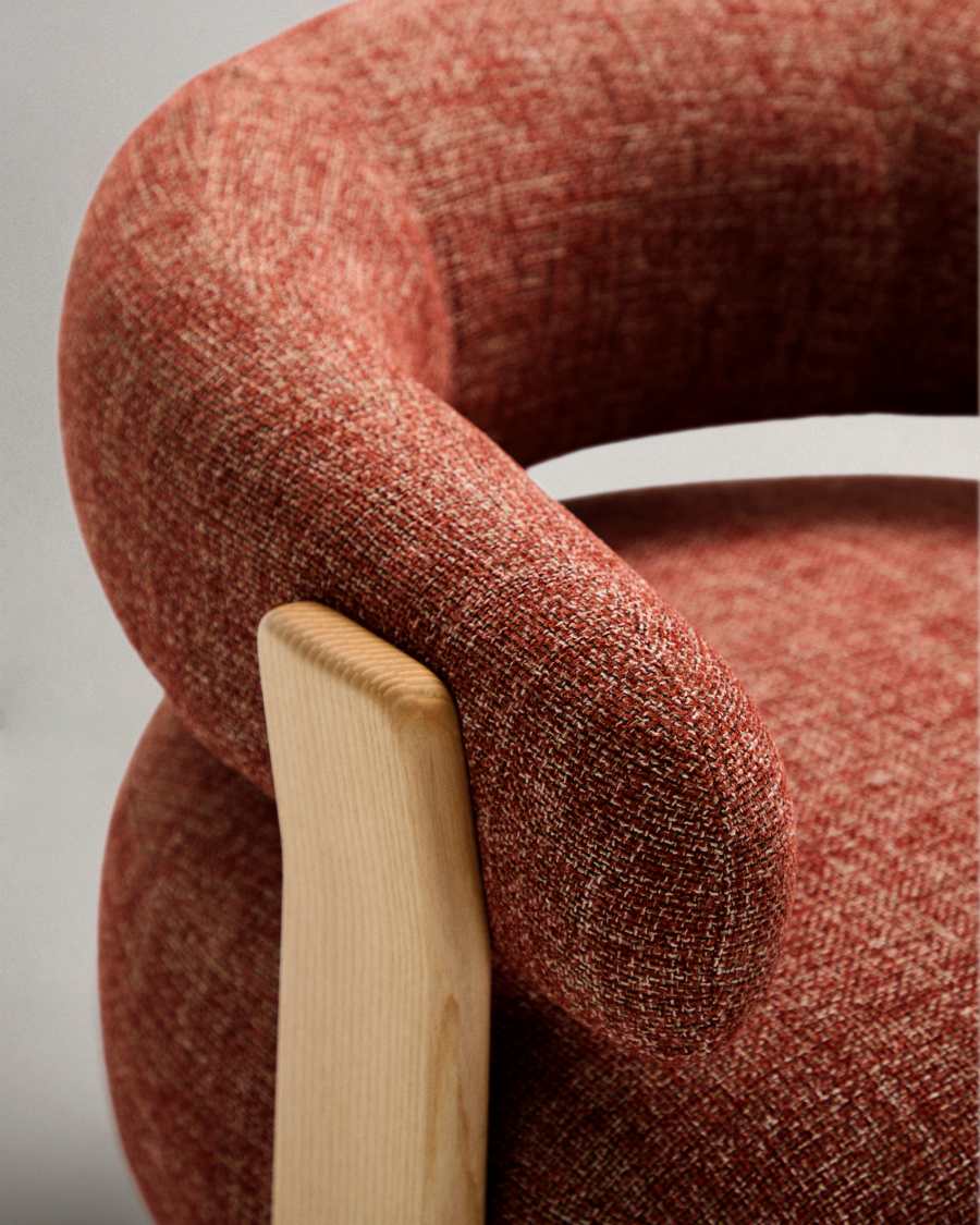 Granite fire-retardant armchair in terracotta chenille and solid ash wood with natural-coloured finish FSC 100%