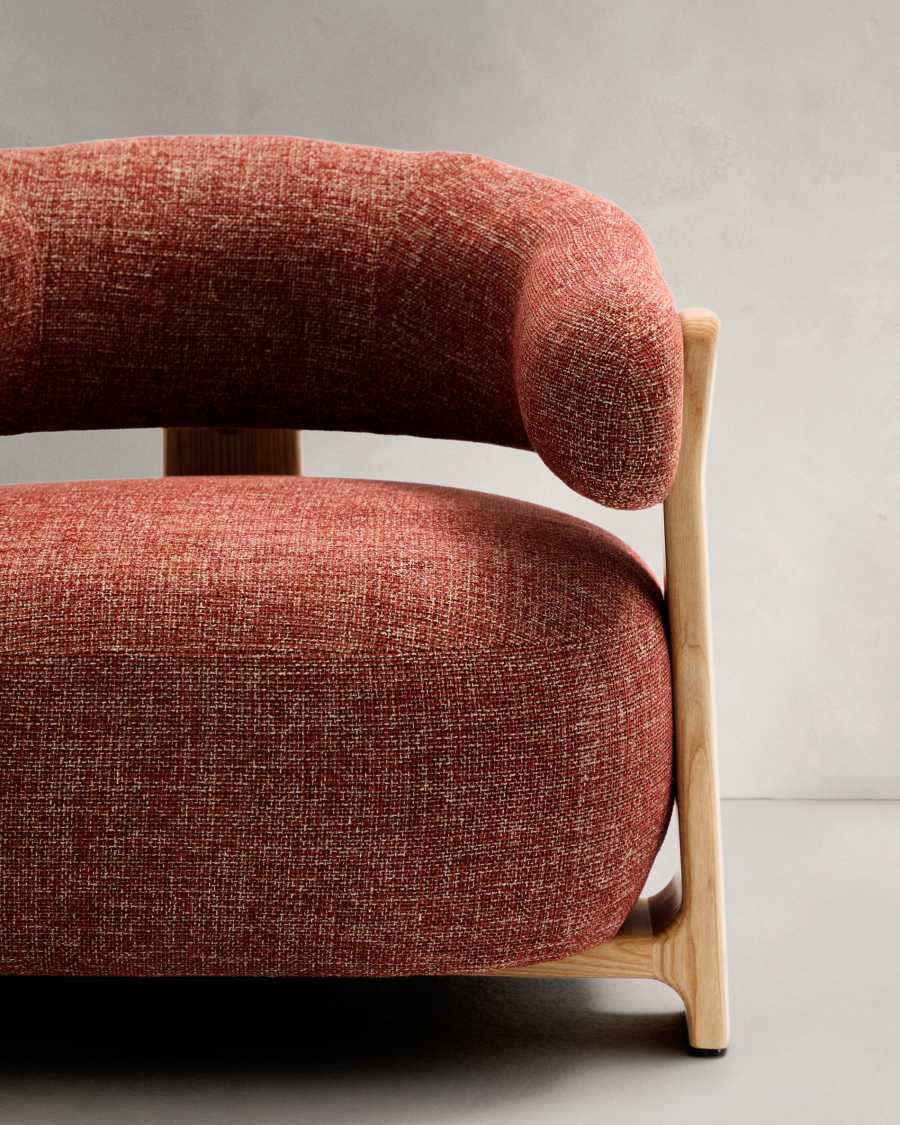 Granite fire-retardant armchair in terracotta chenille and solid ash wood with natural-coloured finish FSC 100%