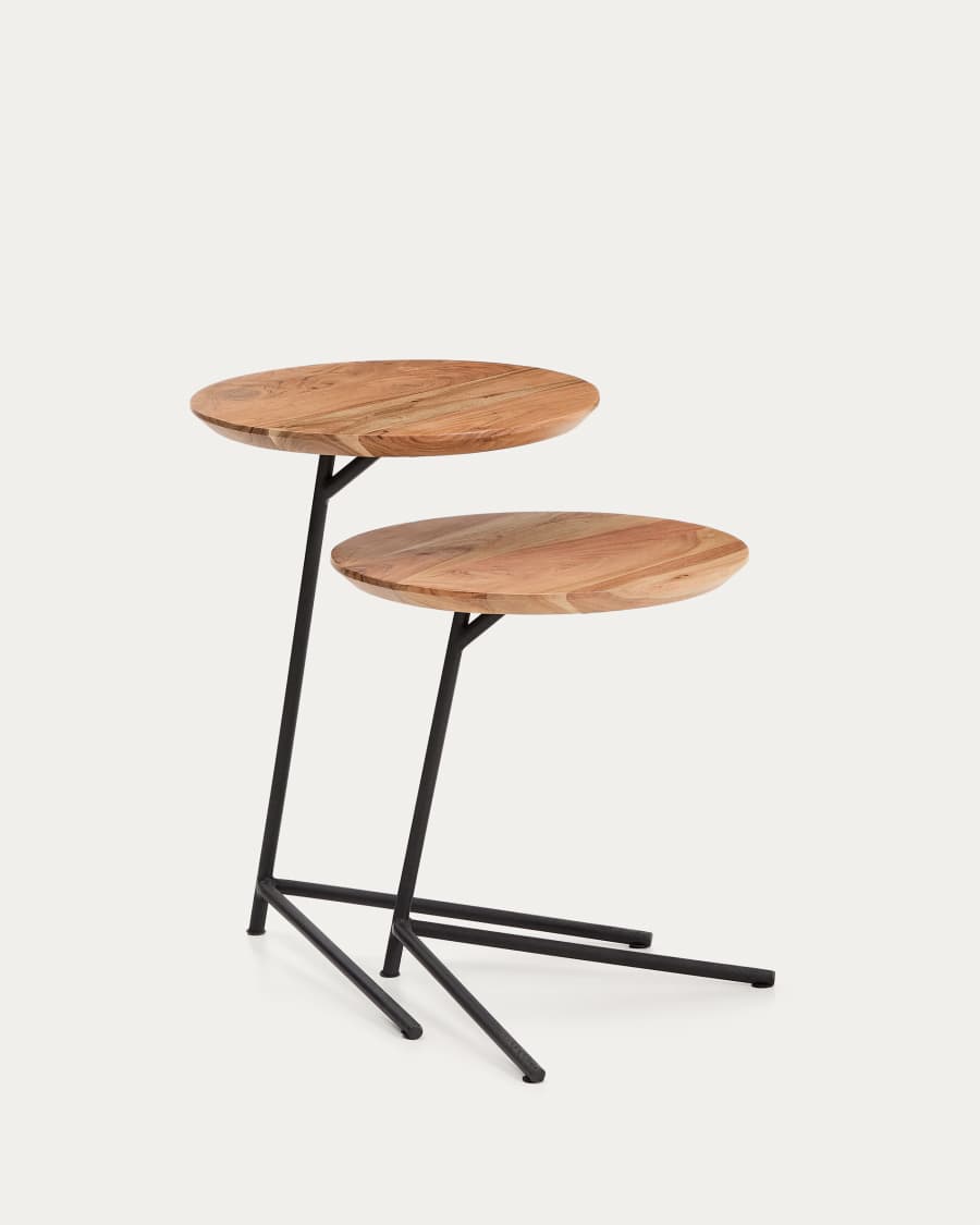 2er-Set Beistelltische Vintara aus massivem Akazienholz mit gebleichtem Finish und schwarzen Stahlbeinen, Ø 40 cm