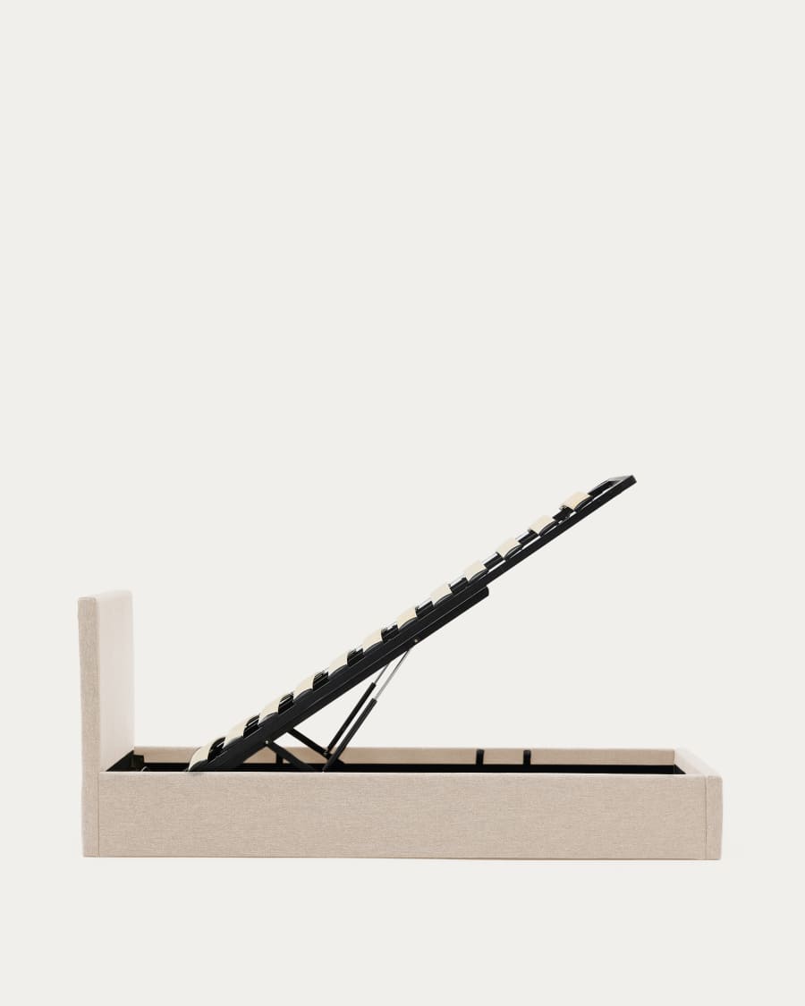 Nahiri beige chenille lift-up storage bed for a 90 x 200 cm mattress