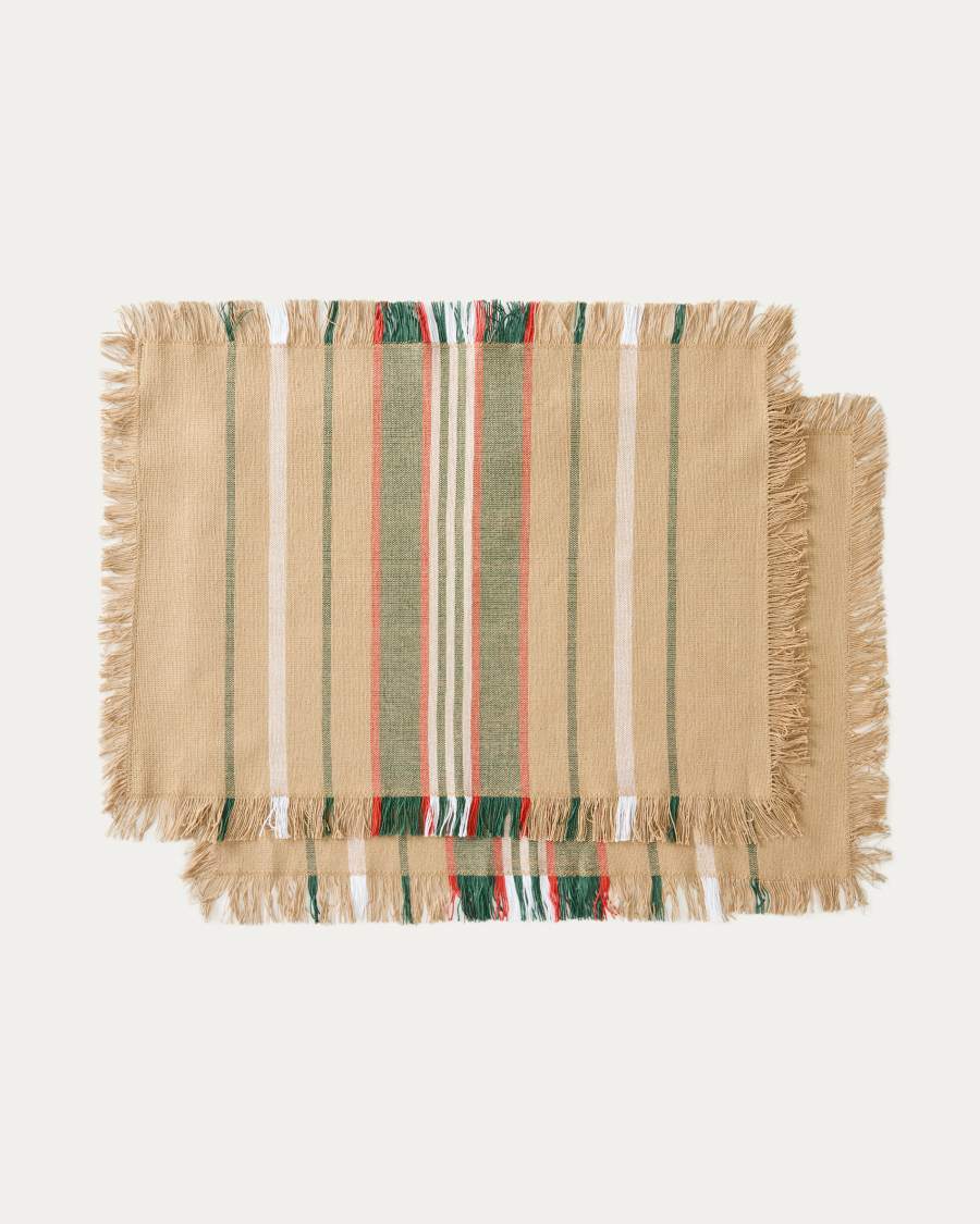 Davia set van 2 placemats van 100% katoen in groen met strepen en franjes 35 x 50 cm