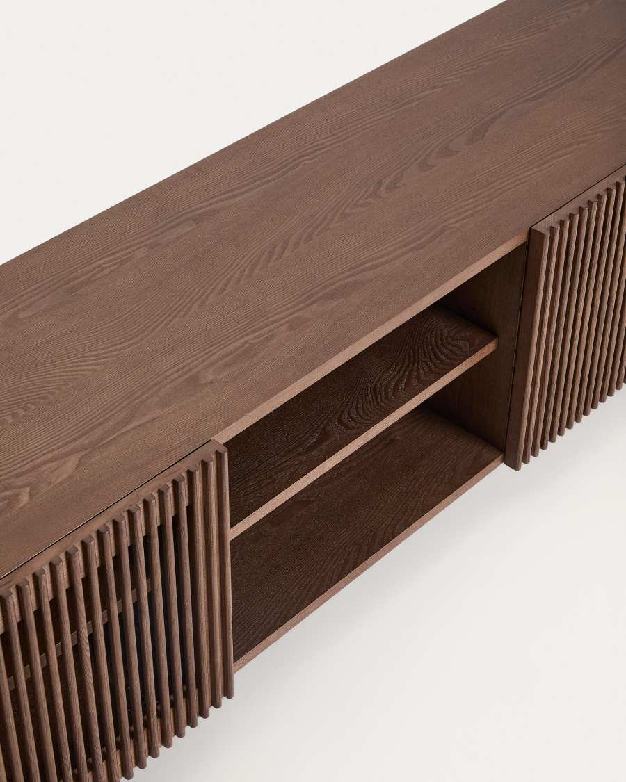 Beyla TV stand with 2 doors in ash veneer and solid ash wood with walnut-tone finish 180 x 49.5 cm FSC 100%