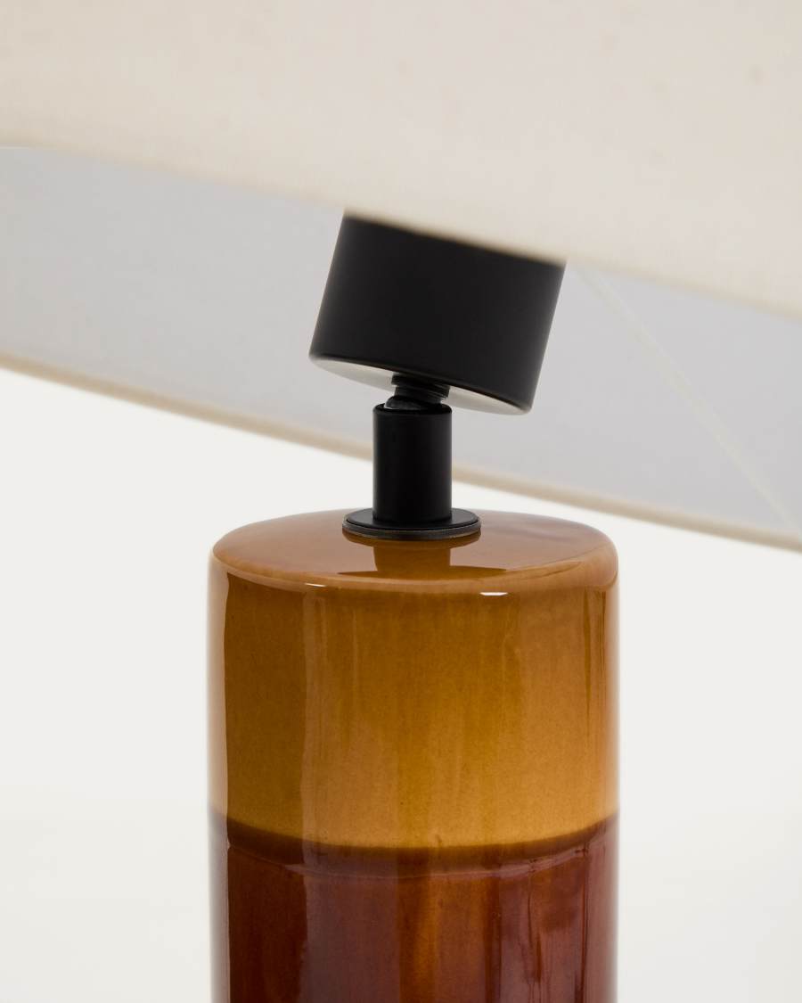 Mavran floor lamp with brown and mustard ceramic base and cotton lampshade