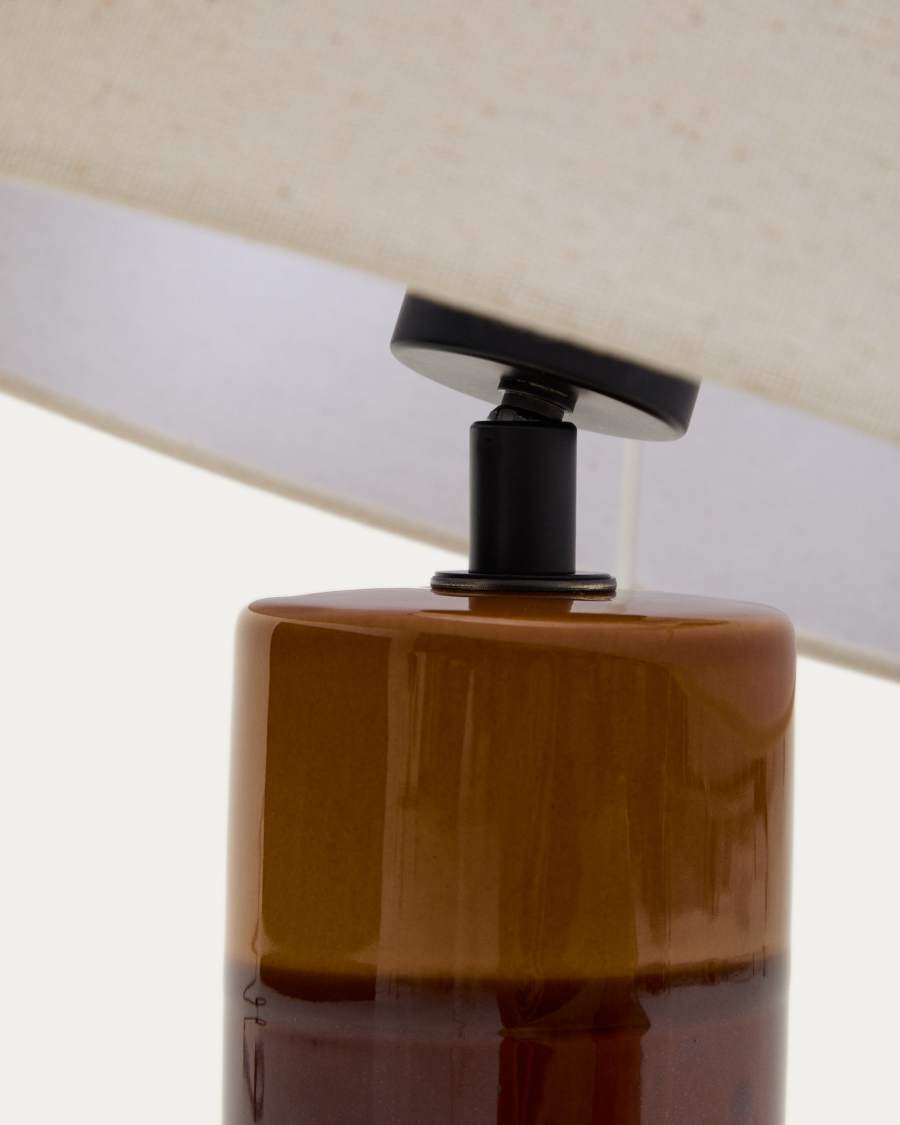 Llum de taula Mavran amb peu de ceràmica marró i mostassa i pantalla de cotó