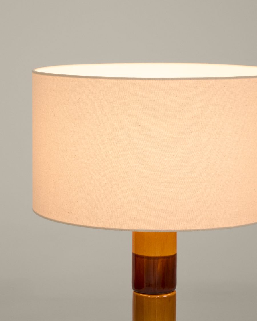 Mavran floor lamp with brown and mustard ceramic base and cotton lampshade