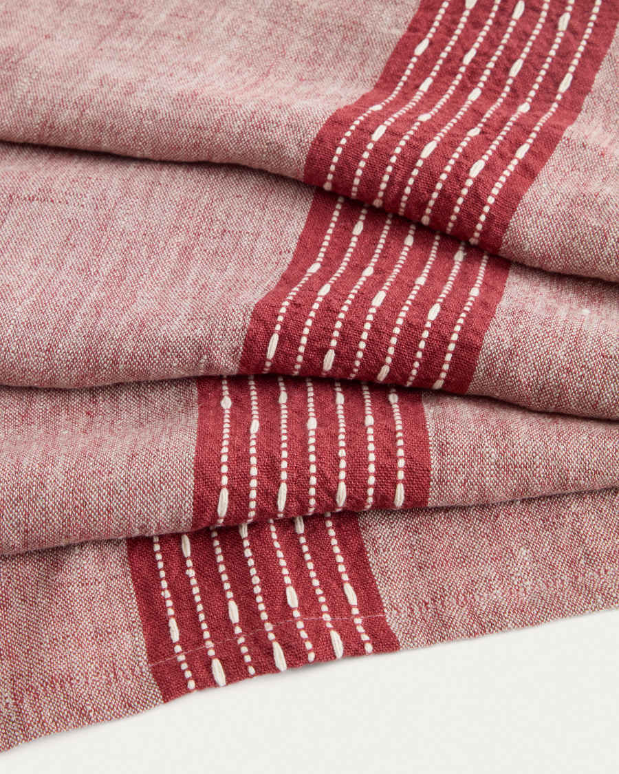 Chemin de table Calena en jacquard de lin avec bande centrale rouge 50 x 150 cm