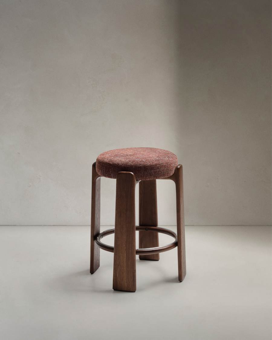 Granite stool in brown chenille and solid ash wood with walnut-coloured finish FSC 100% 65cm