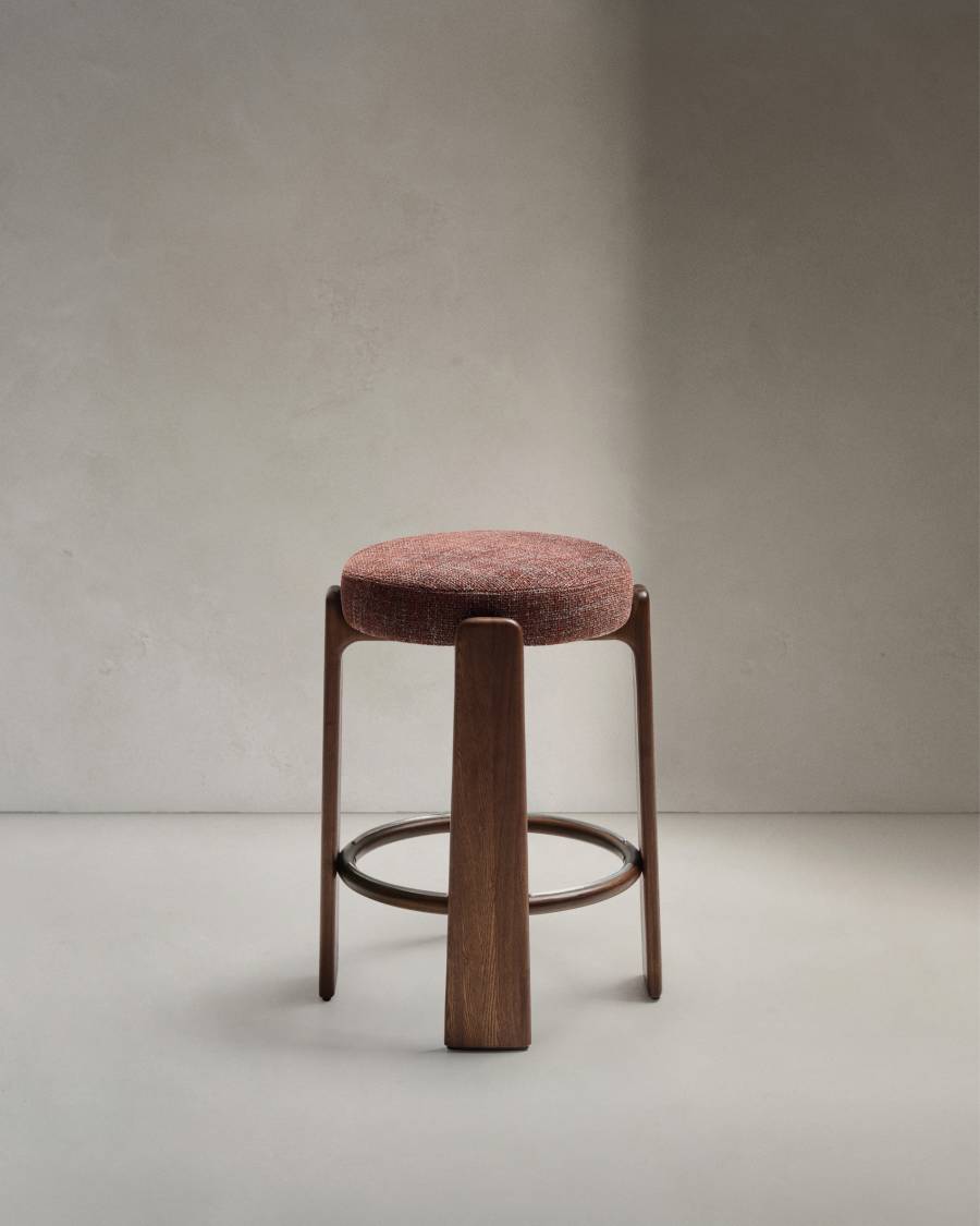 Granite stool in brown chenille and solid ash wood with walnut-coloured finish FSC 100% 65cm