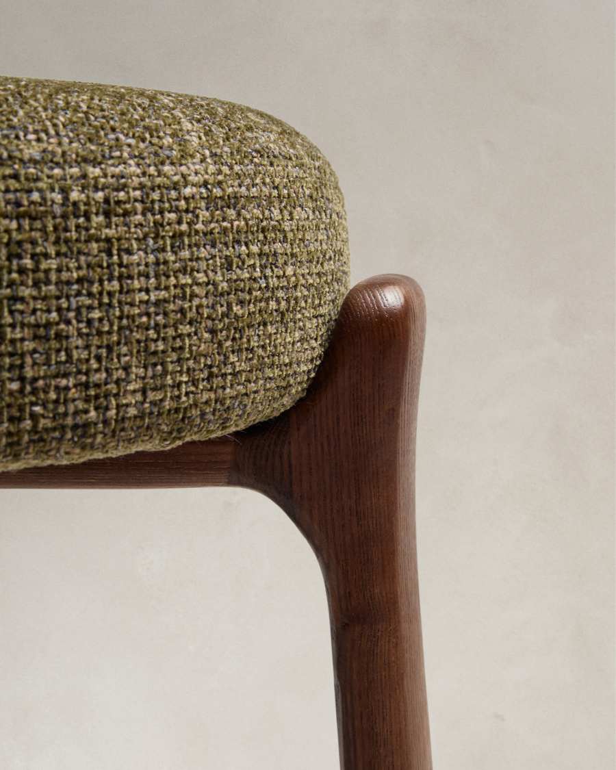 Granite stool in green chenille and solid ash wood with walnut-coloured finish FSC 100% 75cm
