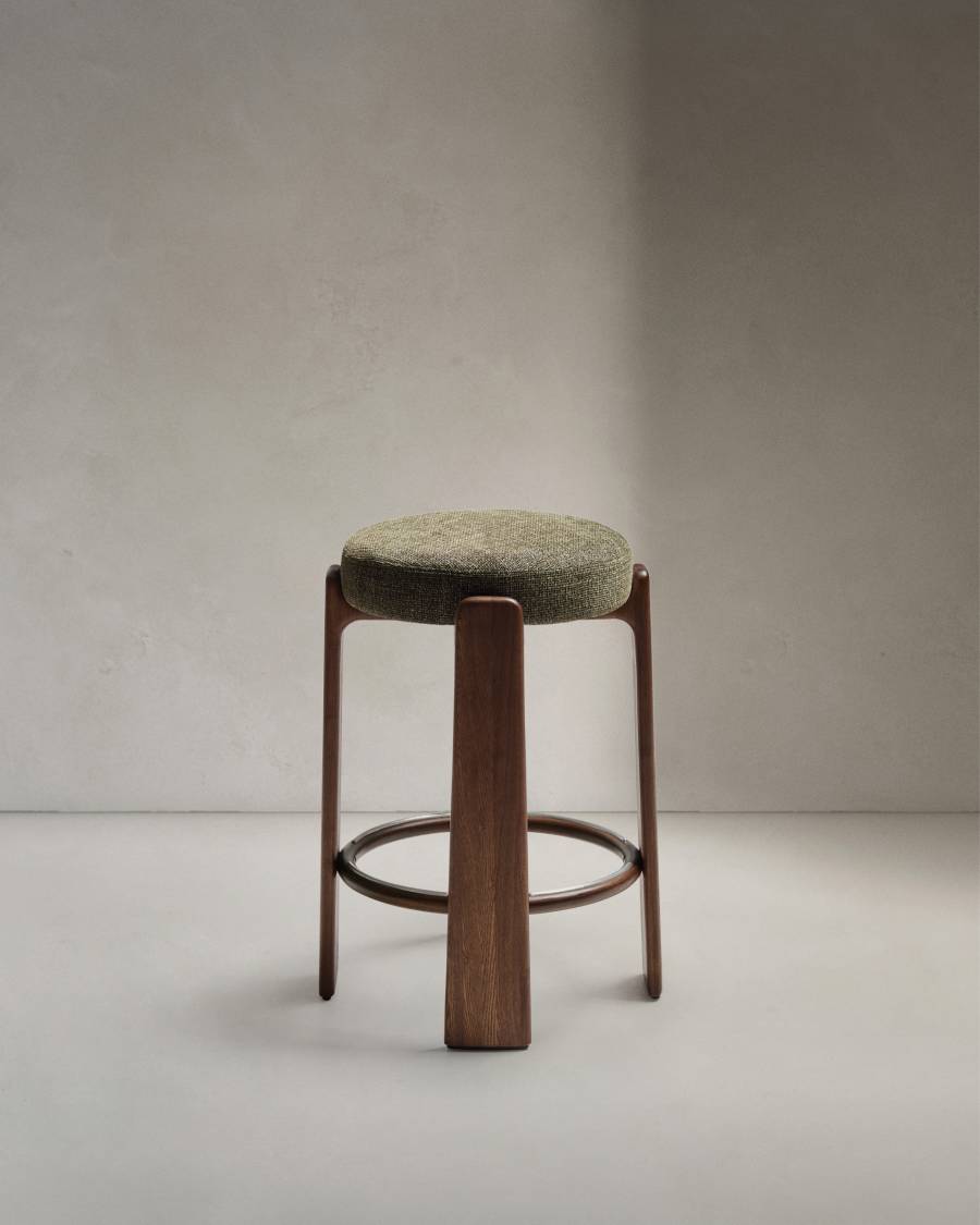 Granite stool in green chenille and solid ash wood with walnut-coloured finish FSC 100% 75cm
