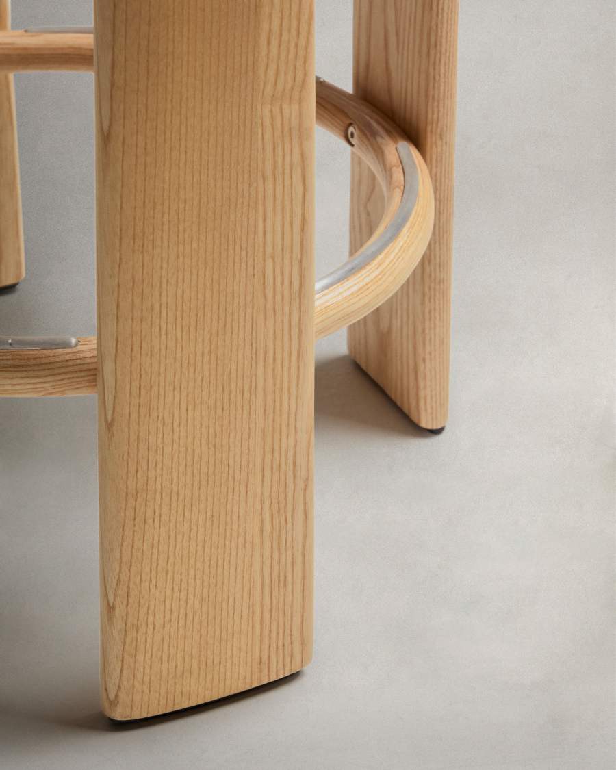 Granite stool made of beige chenille and solid ash wood with natural tone finish FSC 100% 75cm