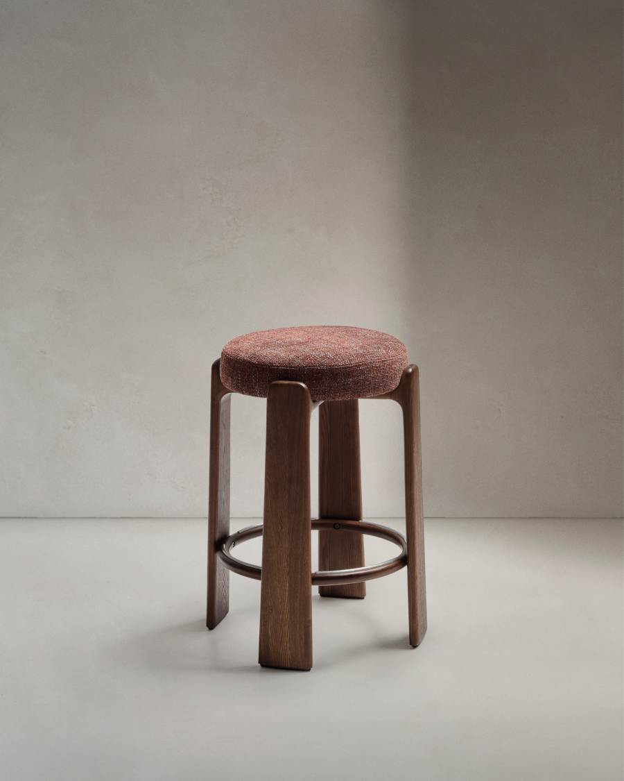 Granite stool in brown chenille and solid ash wood with walnut-coloured finish FSC 100% 75cm