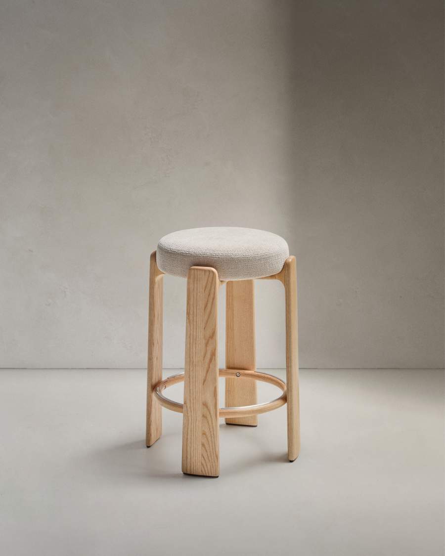 Granite stool made of beige chenille and solid ash wood with natural tone finish FSC 100% 75cm