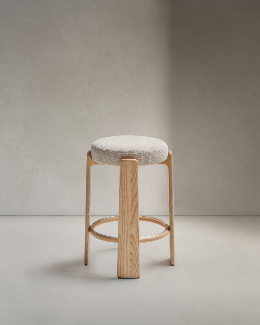 Granite stool made of beige chenille and solid ash wood with natural tone finish FSC 100% 75cm