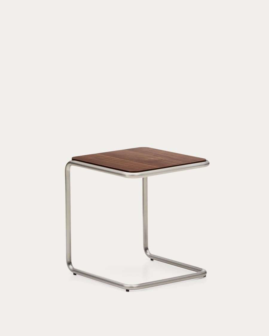 Tarsel side table in walnut veneer with brushed stainless steel structure 42 x 47cm