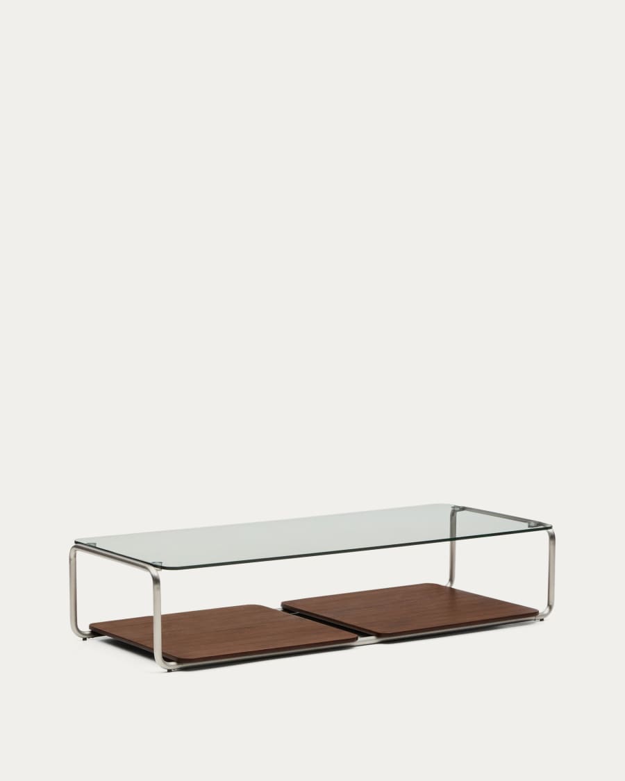 Tavolino Tarsel in vetro temperato e vassoio impiallacciato in noce con struttura in acciaio inox spazzolato 140 x 60 cm